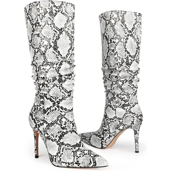 Women Snakeskin PU Knee High Exquisite Pointed Toe Fine High Heels Pleated Boots - Picture 1 of 8